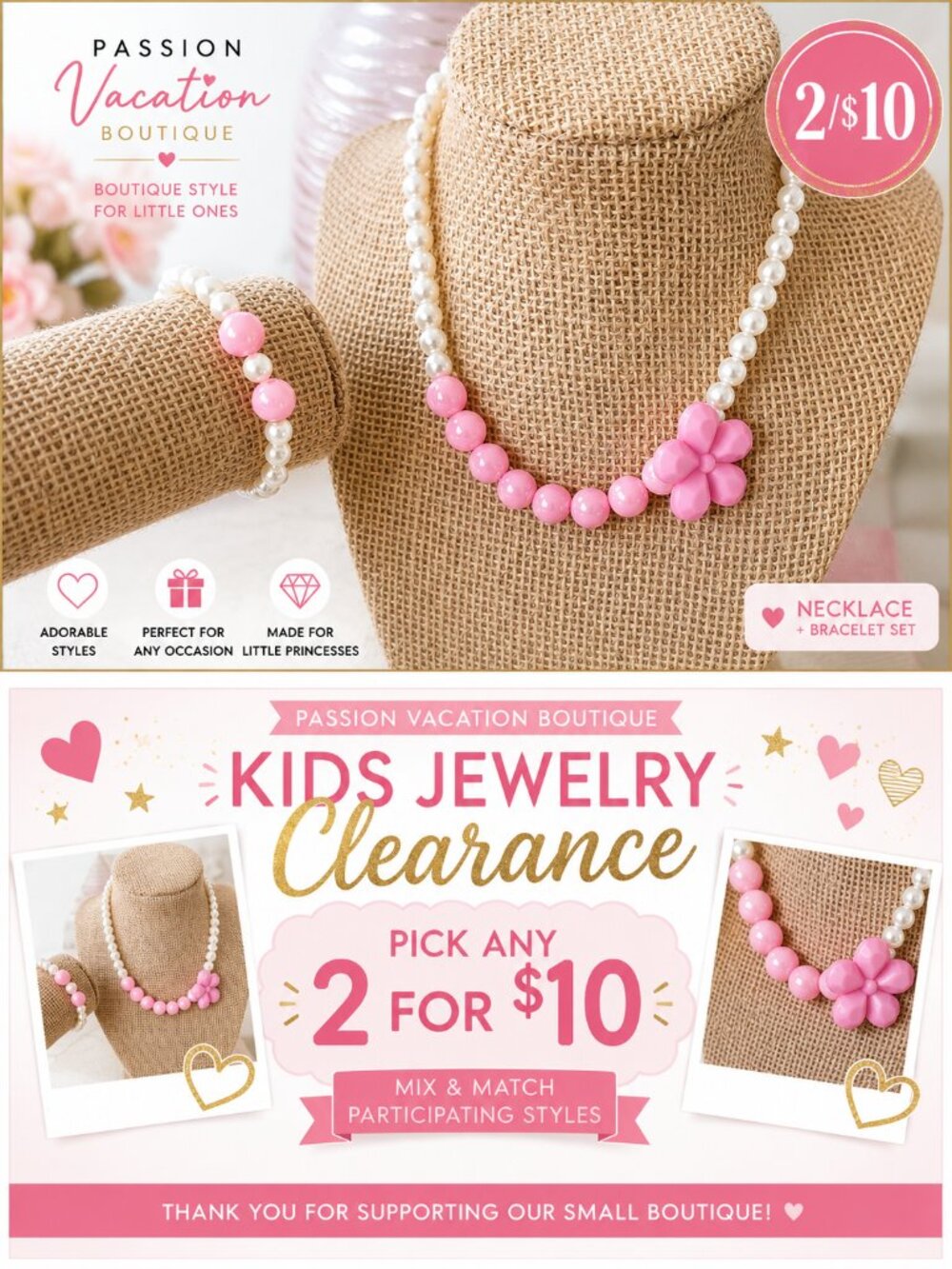 2/$10 Kids Jewelry | Pink & White Flower Necklace + Bracelet Set